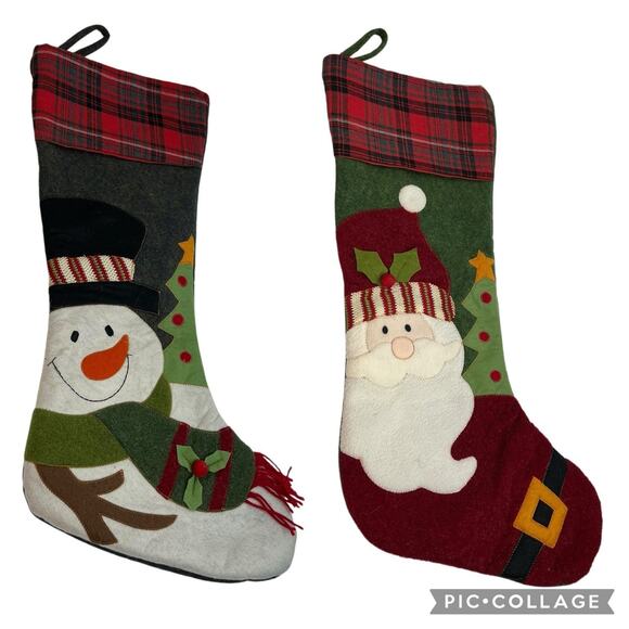 Christmas Stocking Lot Of 2 Santa Claus Snowman Frosty Plaid Large 23” Patchwork - Picture 1 of 16